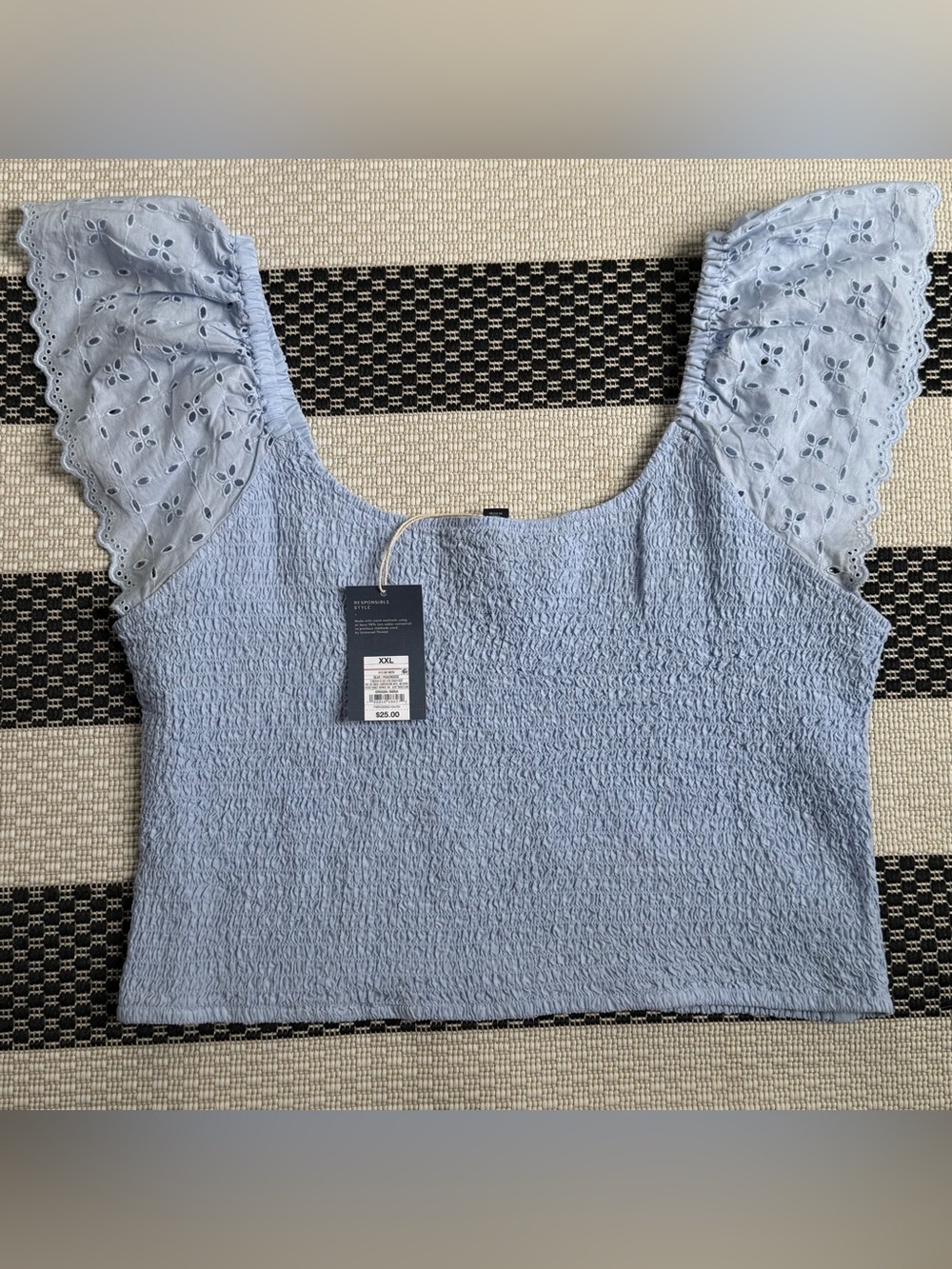 Universal Thread Light Blue Smocked Eyelet Sleeve Crop Top